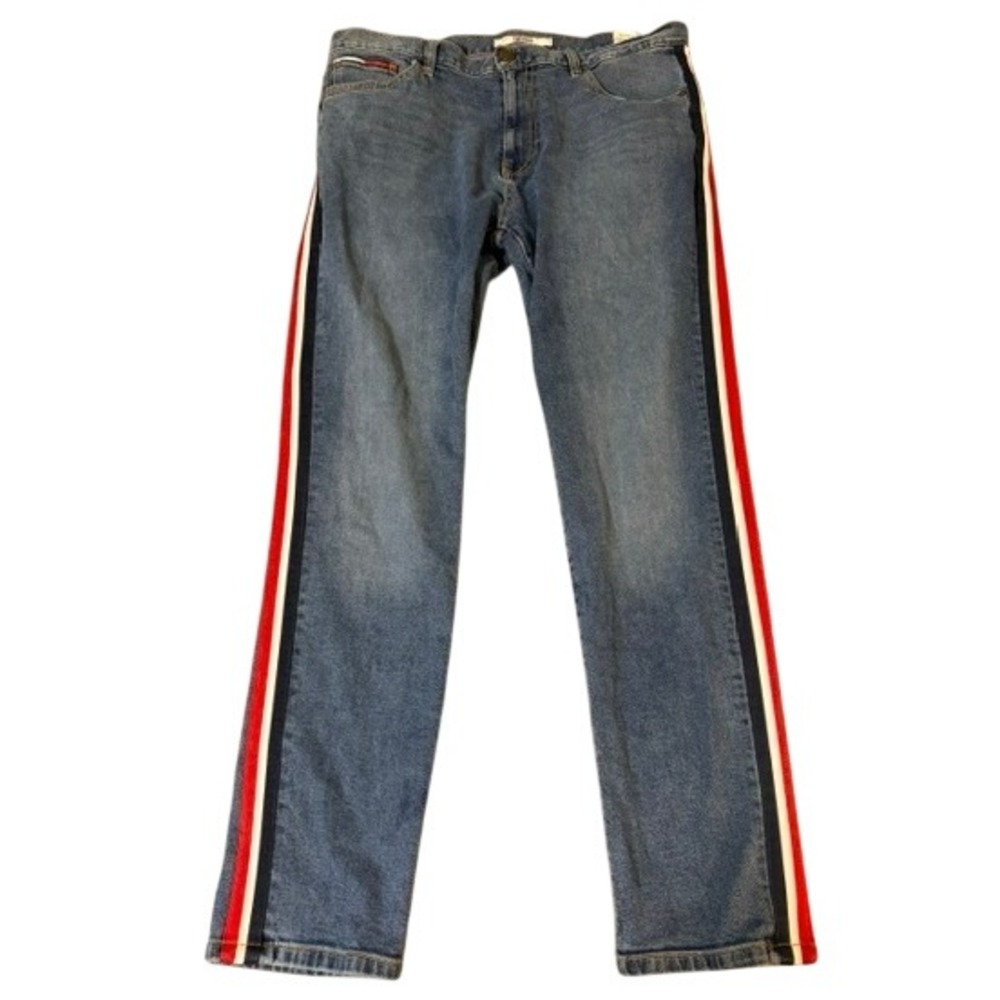 VTG Tommy Hilfiger Jeans Men 34x31 Blue Slim Tapered Side Stripe Denim Pants Y2K